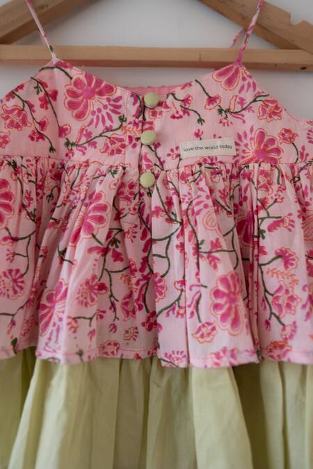 Shop_Love The World Today_Pink Cotton Embroidery Leela Floral Flared Kurta And Checkered Dhoti Set