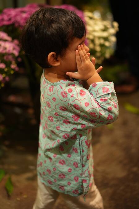 Love The World Today_Blue Cotton Embroidery Phool Pink Floral Kurta And Baggy Pant Set_at_Aza_Fashions