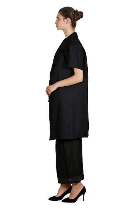 Samant Chauhan_Black Linen Shawl , Round Matte Trace Jacket Trouser Set _Online_at_Aza_Fashions