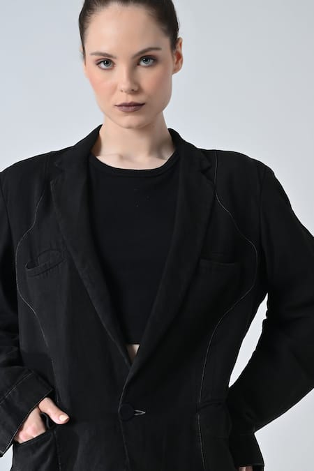 Samant Chauhan_Black Linen Coal Twin Blazer And Trouser Set _Online_at_Aza_Fashions