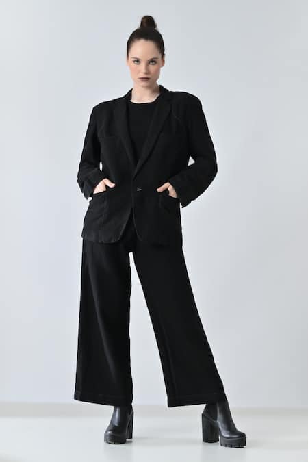 Shop_Samant Chauhan_Black Linen Coal Twin Blazer And Trouser Set _Online_at_Aza_Fashions