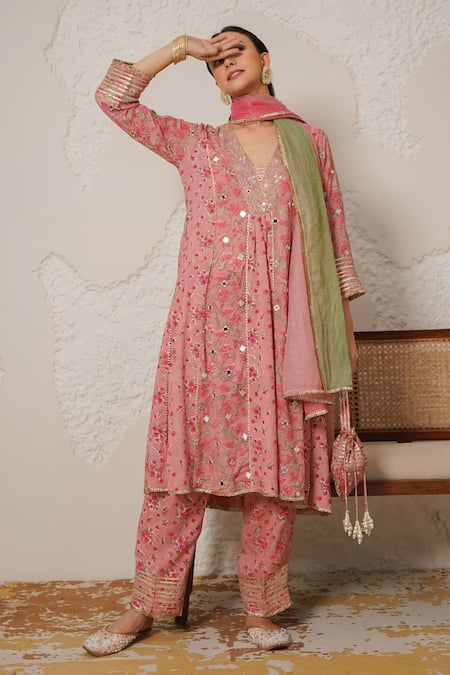 Shop_Nemaani_Pink Modal, Cotton Gota Patti, Mirrors V-neck Ira Hand Block Print Kurta Set 