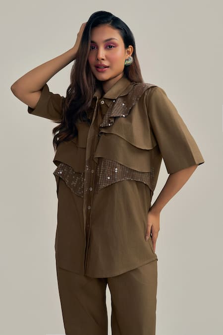 Neetiandmudita_Olive Green Cotton Sequins Collared Ruffle Glimmer Shirt _Online_at_Aza_Fashions
