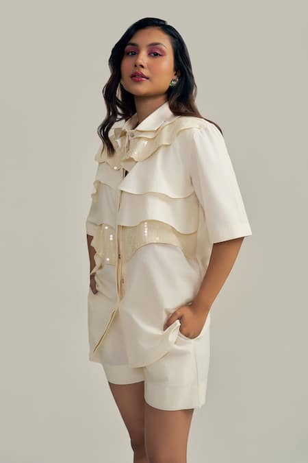 Neetiandmudita_Ivory Cotton Sequins Collared Ruffle Glimmer Shirt _Online_at_Aza_Fashions