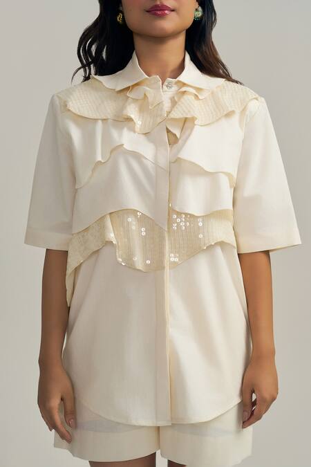 Buy_Neetiandmudita_Ivory Cotton Sequins Collared Ruffle Glimmer Shirt _Online_at_Aza_Fashions