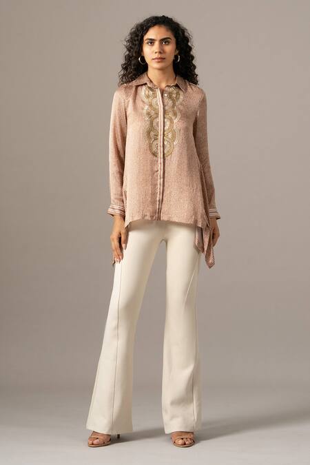 Shop Namrata Joshipura Brown Embroidery Collared Reeva Mocha Handkerchief Shirt Online at Aza Fashions Shop_Namrata Joshipura_Brown Embroidery Collared Reeva Mocha Handkerchief Shirt _Online_at_Aza_Fashions