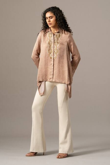 Namrata Joshipura Brown Embroidery Collared Reeva Mocha Handkerchief Shirt at Aza Fashions Namrata Joshipura_Brown Embroidery Collared Reeva Mocha Handkerchief Shirt _at_Aza_Fashions