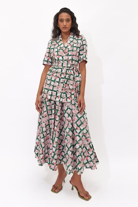 Aapro Green Cotton Seraphina Multi Colour Hand Block Printed Blazer Skirt Set
