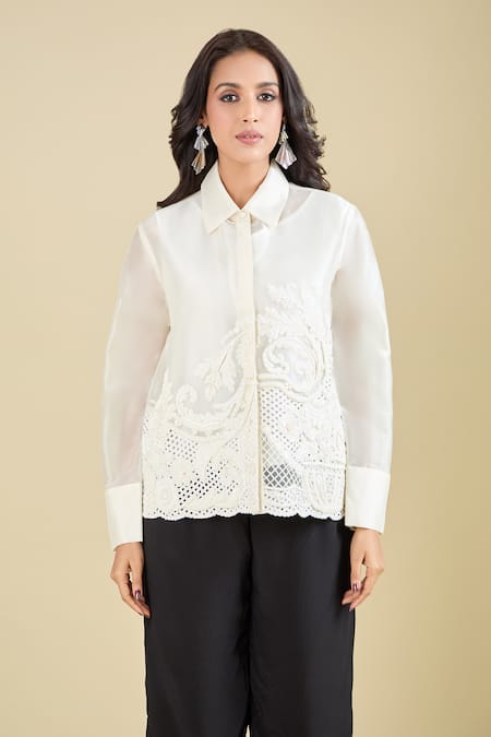 Buy_Pankaj & Nidhi_White Embroidery Collared Arlette Shirt _Online_at_Aza_Fashions