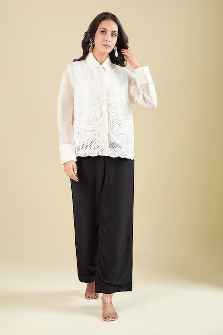 Shop_Pankaj & Nidhi_White Embroidery Collared Arlette Shirt _Online_at_Aza_Fashions