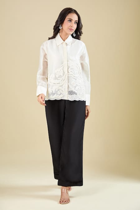 Pankaj & Nidhi_White Embroidery Collared Arlette Shirt _at_Aza_Fashions