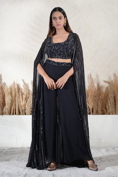Buy_Vedika Soni_Black Georgette Embroidery Round Neck Cape And Sharara Set _Online_at_Aza_Fashions