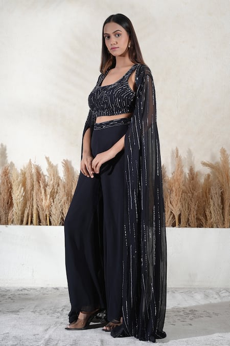Shop_Vedika Soni_Black Georgette Embroidery Round Neck Cape And Sharara Set _Online_at_Aza_Fashions