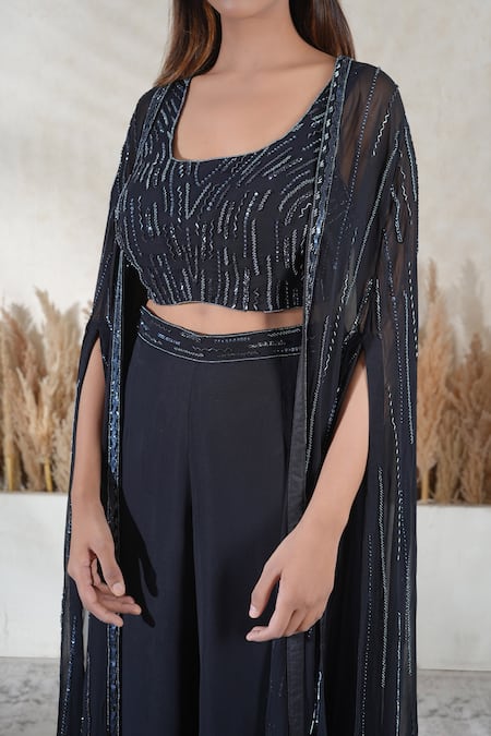 Vedika Soni_Black Georgette Embroidery Round Neck Cape And Sharara Set _at_Aza_Fashions