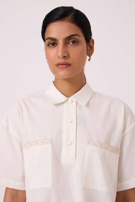 Shop The Summer House Off White Handloom Cotton Embroidery Collared Alyosha Handwoven Shirt Online at Aza Fashions Shop_The Summer House_Off White Handloom Cotton Embroidery Collared Alyosha Handwoven Shirt _Online_at_Aza_Fashions