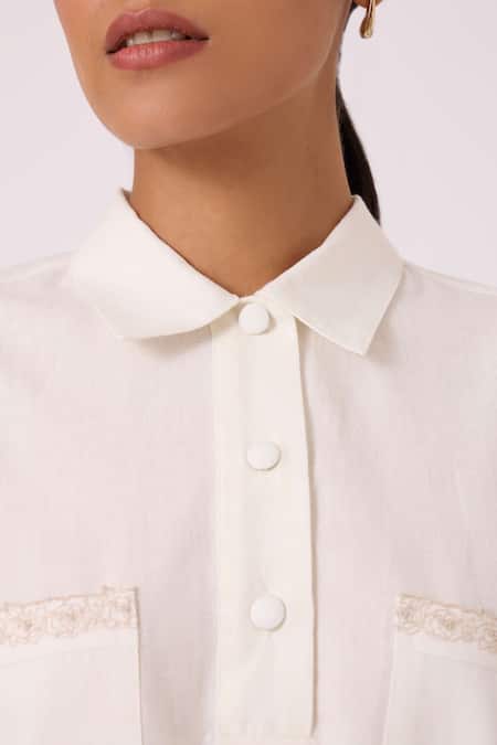 The Summer House Off White Handloom Cotton Embroidery Collared Alyosha Handwoven Shirt at Aza Fashions The Summer House_Off White Handloom Cotton Embroidery Collared Alyosha Handwoven Shirt _at_Aza_Fashions