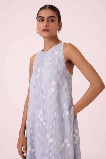 The Summer House_Sky Blue Cotton Round Neck Amaran Ikat Maxi Dress _at_Aza_Fashions