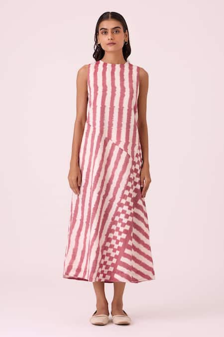 Shop The Summer House Pink Cotton Round Neck Bennet Rhubarb Striped Ikat Dress at Aza Fashions Shop_The Summer House_Pink Cotton Round Neck Bennet Rhubarb Striped Ikat Dress _at_Aza_Fashions