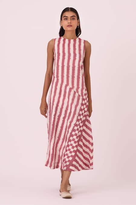 The Summer House Pink Cotton Round Neck Bennet Rhubarb Striped Ikat Dress Online at Aza Fashions The Summer House_Pink Cotton Round Neck Bennet Rhubarb Striped Ikat Dress _Online_at_Aza_Fashions