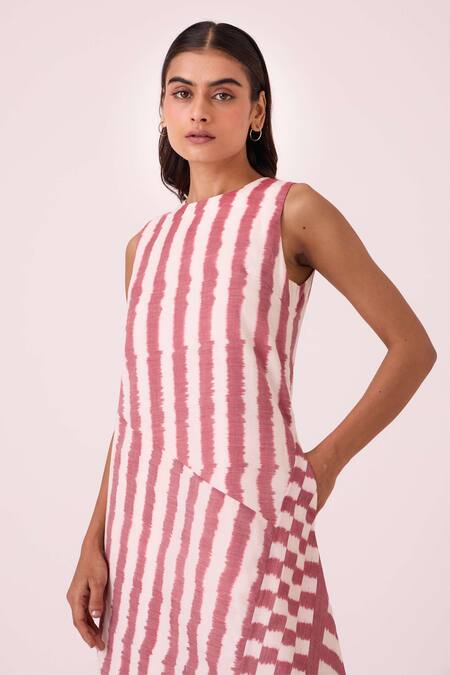 The Summer House Pink Cotton Round Neck Bennet Rhubarb Striped Ikat Dress at Aza Fashions The Summer House_Pink Cotton Round Neck Bennet Rhubarb Striped Ikat Dress _at_Aza_Fashions