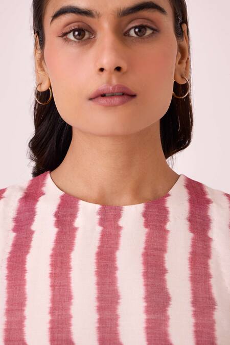 Buy The Summer House Pink Cotton Round Neck Bennet Rhubarb Striped Ikat Dress Buy_The Summer House_Pink Cotton Round Neck Bennet Rhubarb Striped Ikat Dress