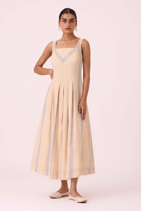 The Summer House Beige Cotton Square Neck Bosie Handwoven Dress