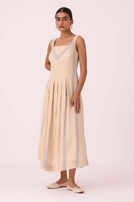 The Summer House_Beige Cotton Square Neck Bosie Handwoven Dress _Online_at_Aza_Fashions