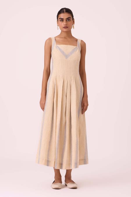 Buy_The Summer House_Beige Cotton Square Neck Bosie Handwoven Dress _Online_at_Aza_Fashions