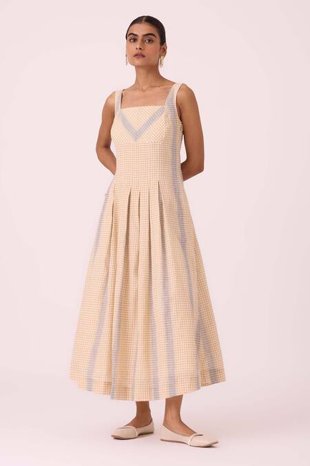 Shop_The Summer House_Beige Cotton Square Neck Bosie Handwoven Dress _Online_at_Aza_Fashions