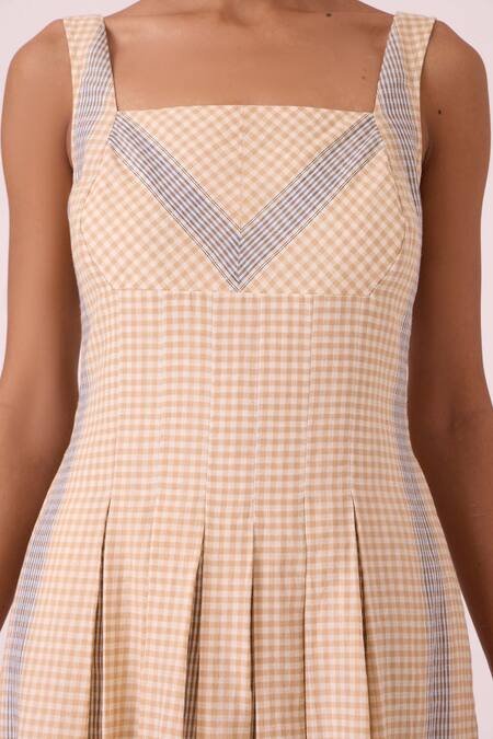 The Summer House_Beige Cotton Square Neck Bosie Handwoven Dress _at_Aza_Fashions