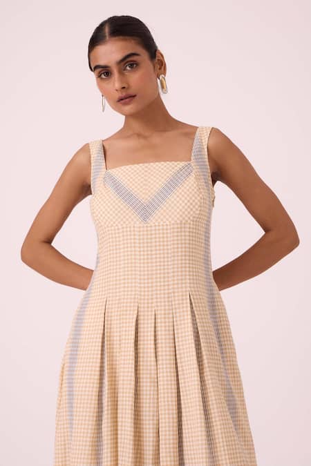 Buy_The Summer House_Beige Cotton Square Neck Bosie Handwoven Dress 