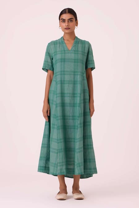 The Summer House_Green Handloom Cotton, Silk V-neck Clover Handwoven Dress _Online_at_Aza_Fashions