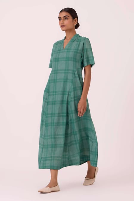 Buy_The Summer House_Green Handloom Cotton, Silk V-neck Clover Handwoven Dress _Online_at_Aza_Fashions
