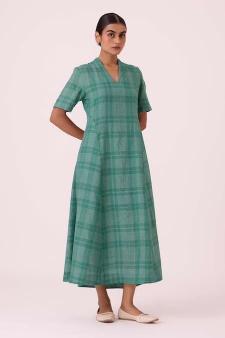 The Summer House Green Handloom Cotton, Silk V-neck Clover Handwoven Dress