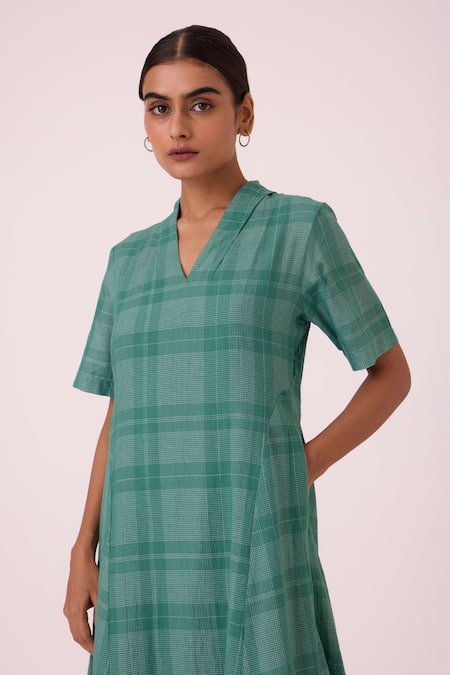 Shop_The Summer House_Green Handloom Cotton, Silk V-neck Clover Handwoven Dress _Online_at_Aza_Fashions