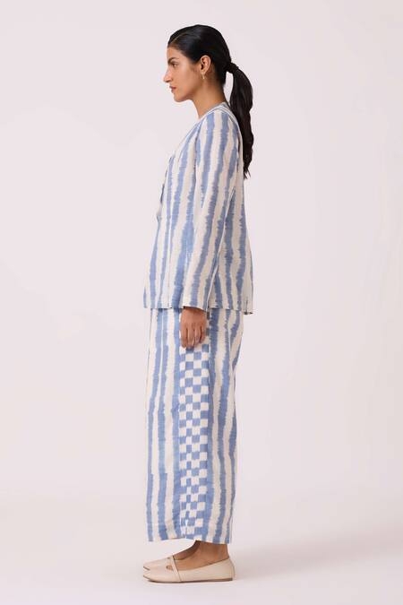 The Summer House_Blue Handloom Cotton V-neck Dimtri Striped Ikat Jacket _Online_at_Aza_Fashions