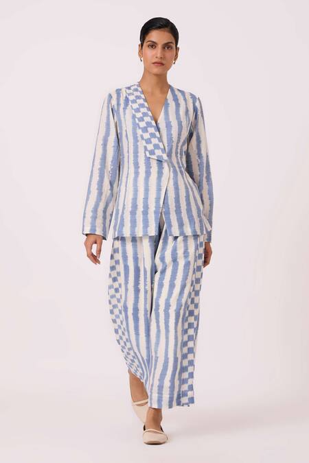 Buy_The Summer House_Blue Handloom Cotton V-neck Dimtri Striped Ikat Jacket _Online_at_Aza_Fashions