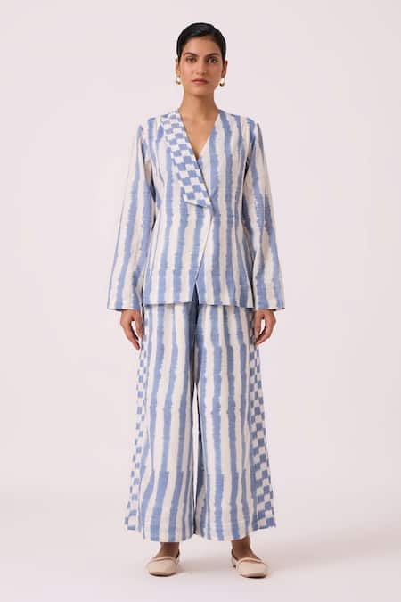 Shop_The Summer House_Blue Handloom Cotton V-neck Dimtri Striped Ikat Jacket _Online_at_Aza_Fashions