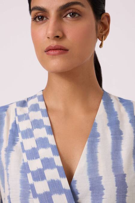 The Summer House_Blue Handloom Cotton V-neck Dimtri Striped Ikat Jacket _at_Aza_Fashions
