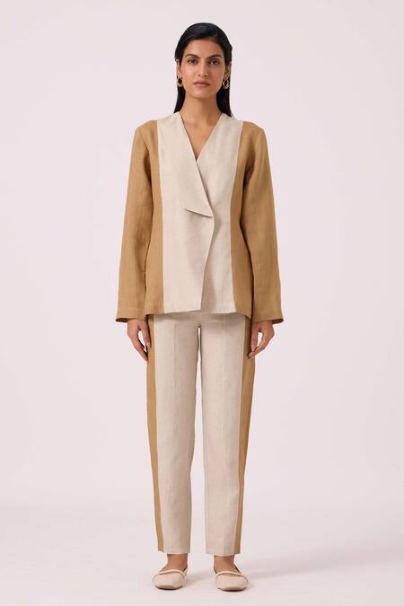 The Summer House_Beige Linen V-neck Dimtri Panelled Jacket _Online_at_Aza_Fashions