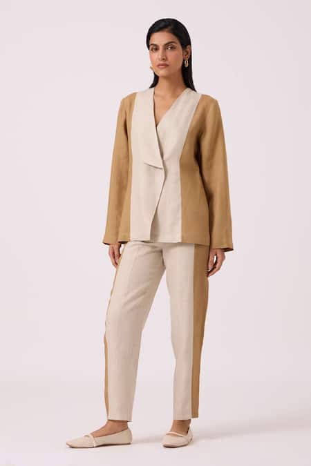 Buy_The Summer House_Beige Linen V-neck Dimtri Panelled Jacket _Online_at_Aza_Fashions