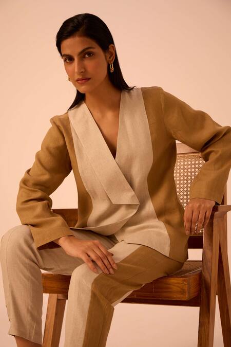 Shop_The Summer House_Beige Linen V-neck Dimtri Panelled Jacket _Online_at_Aza_Fashions