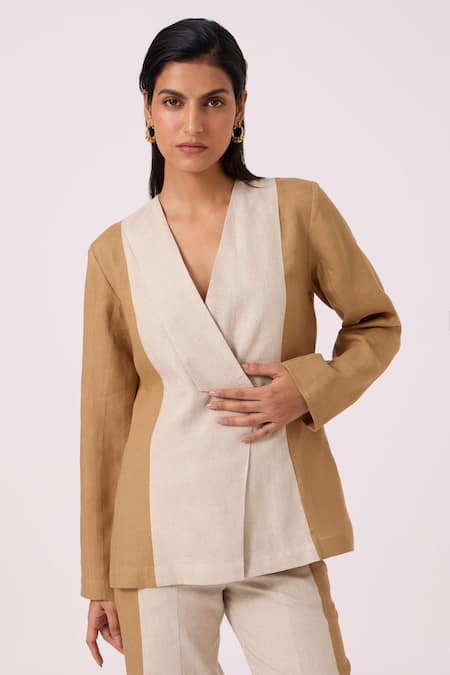 The Summer House Beige Linen V-neck Dimtri Panelled Jacket