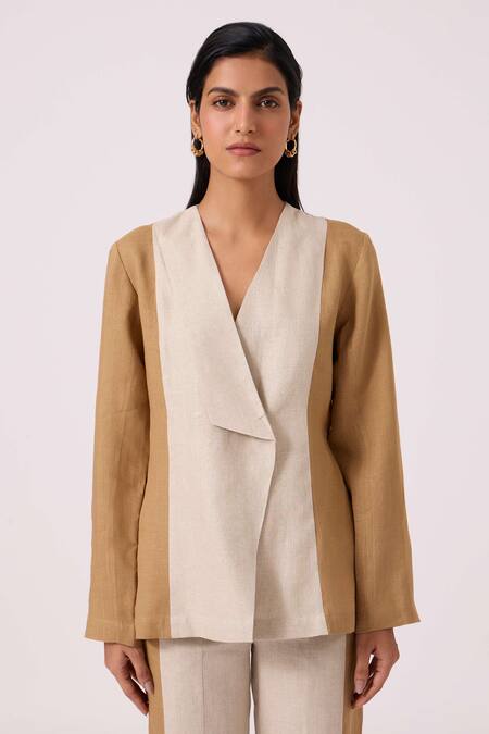 The Summer House_Beige Linen V-neck Dimtri Panelled Jacket _at_Aza_Fashions