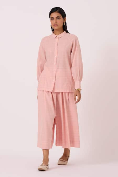 Shop The Summer House Pink Handloom Cotton Douglas Handwoven Pant at Aza Fashions Shop_The Summer House_Pink Handloom Cotton Douglas Handwoven Pant _at_Aza_Fashions