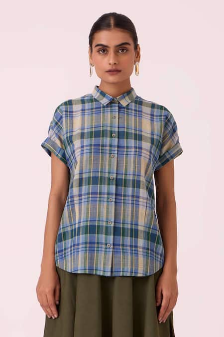 The Summer House_Blue Cotton Collared Dunkel Handwoven Shirt _at_Aza_Fashions