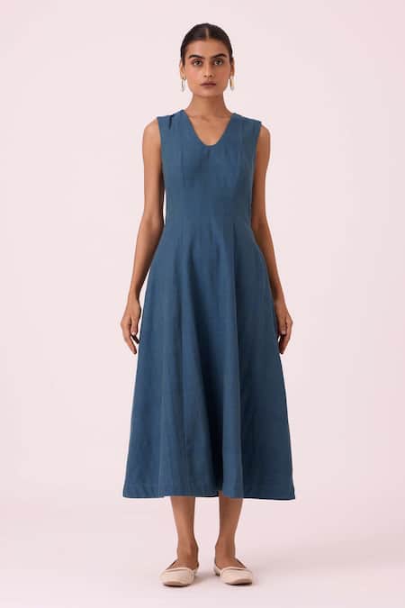 The Summer House_Blue Cotton V-neck Emy Handwoven Dress _Online_at_Aza_Fashions