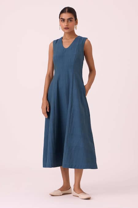 Buy_The Summer House_Blue Cotton V-neck Emy Handwoven Dress _Online_at_Aza_Fashions