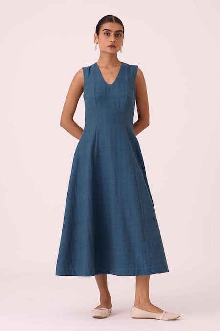 Shop_The Summer House_Blue Cotton V-neck Emy Handwoven Dress _Online_at_Aza_Fashions