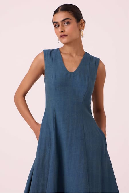 The Summer House_Blue Cotton V-neck Emy Handwoven Dress _at_Aza_Fashions
